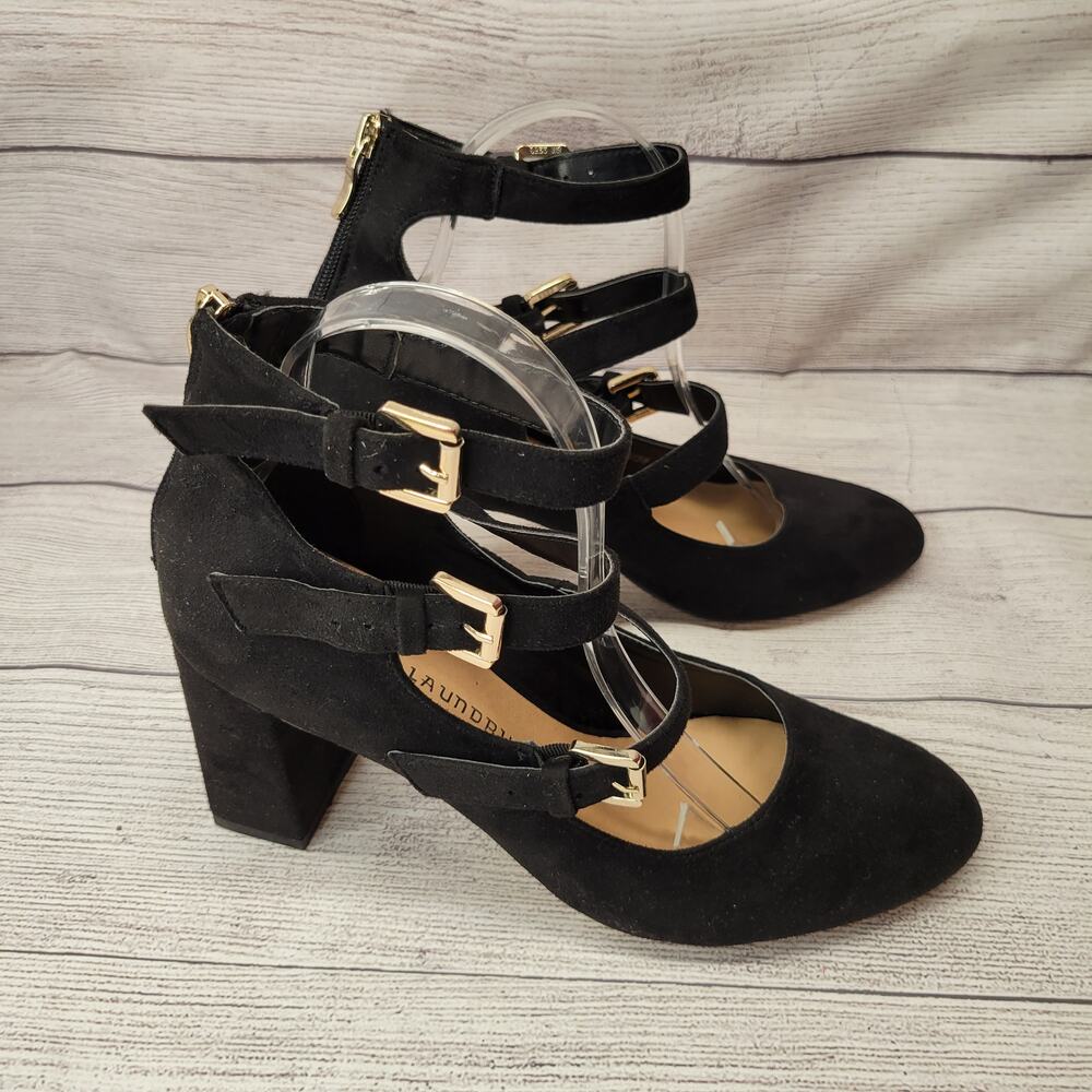 Chinese Laundry Black Suede Three Strap Mary Jane Pumps, 8.5